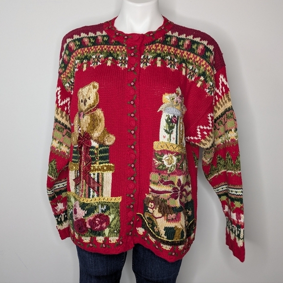 Vintage Fashion Bug red Christmas holiday teddy bear button up cardigan sweater - Picture 1 of 11